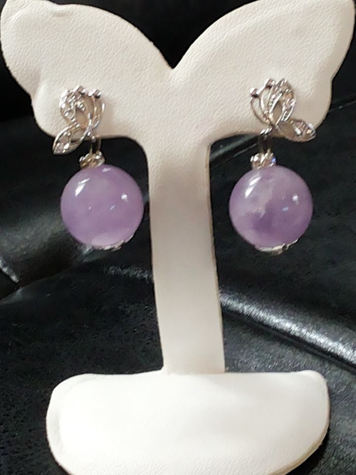 ต่างหู อะเมทิสต์ Amythyst ขนาด 14 มิล ตัวเรือนเงิน 92.5 เพชร cz