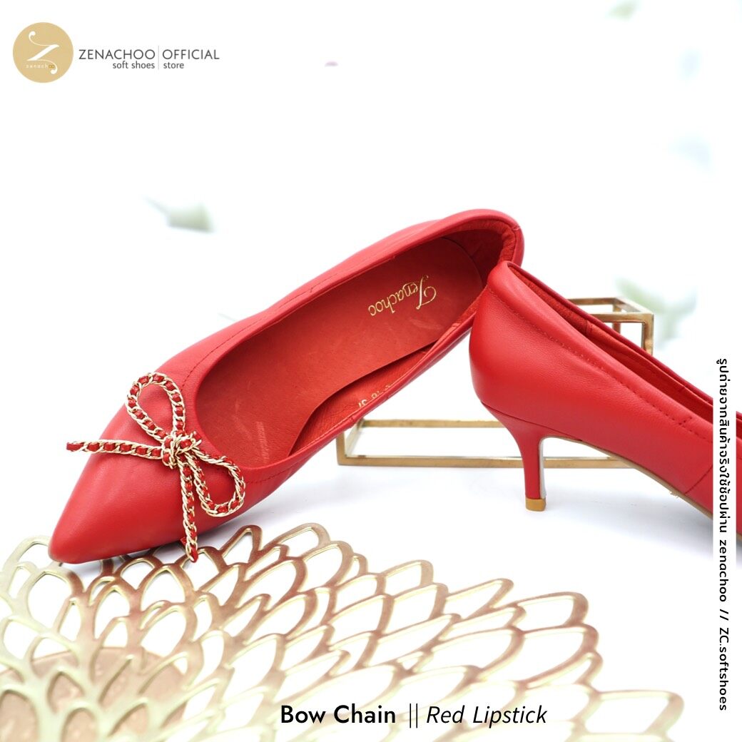 ทรงปกติ เปลี่ยนไซส์ได้-ไม่รับคืน ทรงที่ขายดีที่สุด Zenachoo รุ่น Bow Chain สูง 2 นิ้ว รองเท้าหนังแกะแท้ หนังนิ่ม พื้นนุ่ม