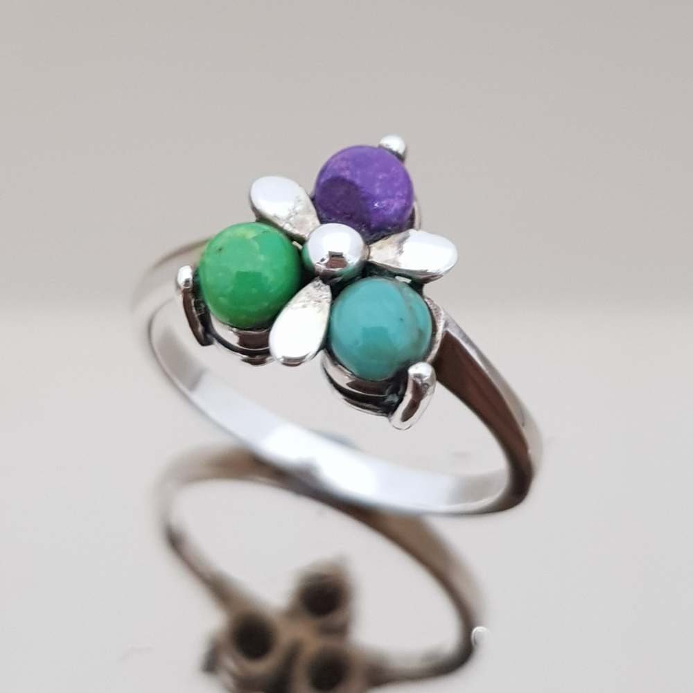 แหวนหินนําโชค เงินแท้ เทอร์ควอยซ์ 925 แหวนหินสีนําโชค หลายชนิด หลากสี 925 Sterling SIlver4 mm Multi Color Turquoise Multi Color Gemstone Ring