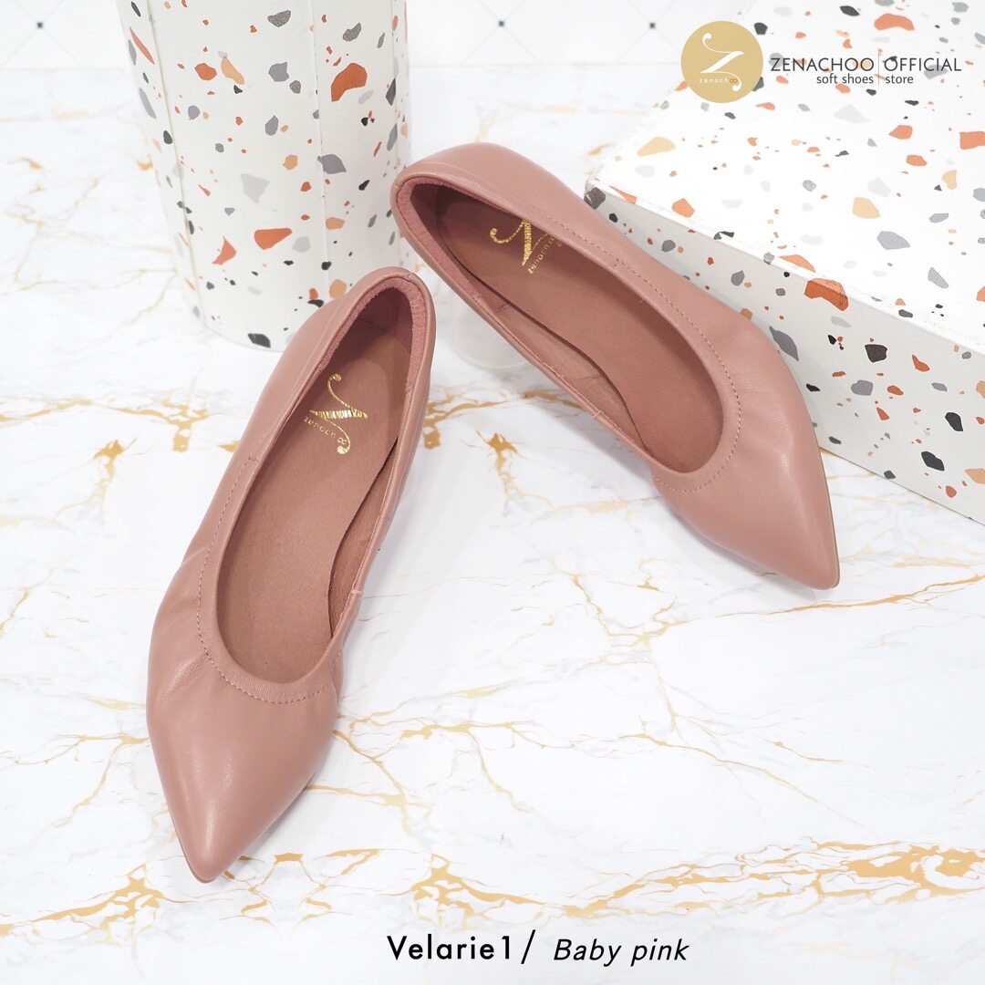 ทรงปกติ:เปลี่ยนไซส์ได้-ไม่รับคืน::Zenachoo รุ่นขายดี Velarie1 สูง 1นิ้ว สี Baby Pink รองเท้าหัวแหลมหนังแกะแท้
