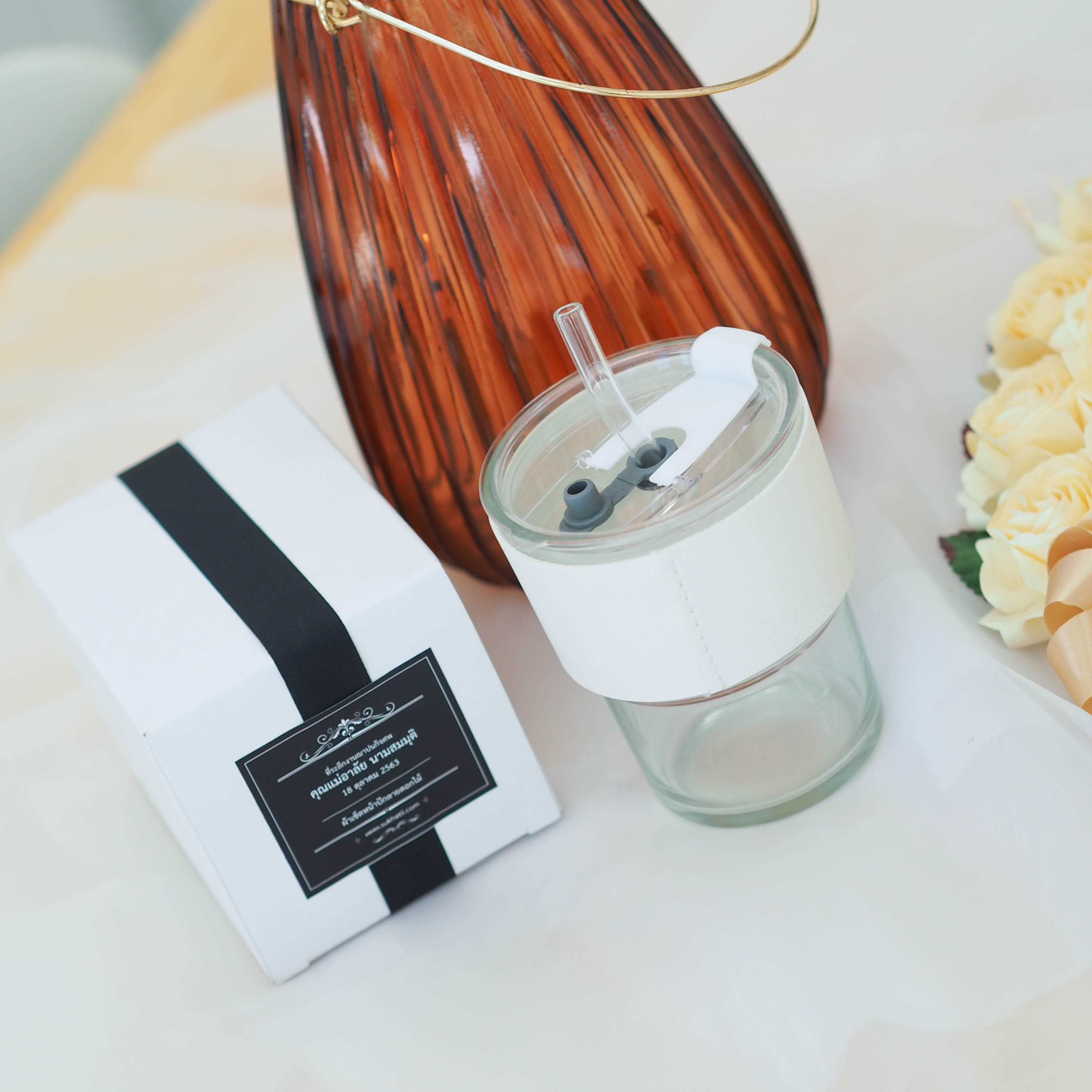 แก้วน้ำ พร้อมหลอดแก้ว (100ชิ้น)