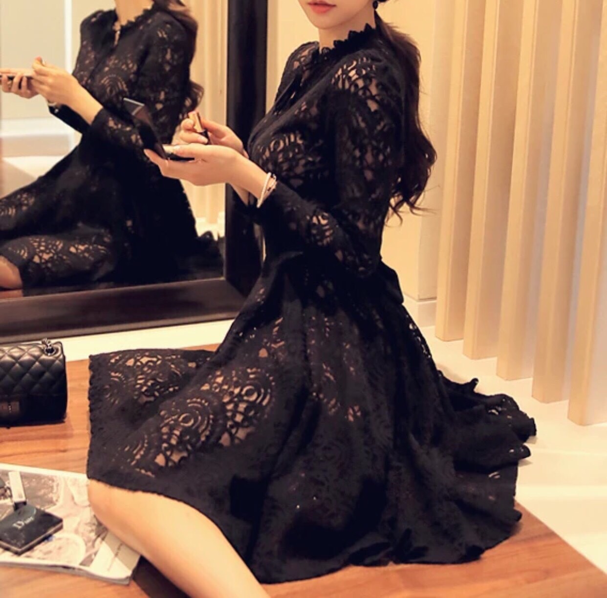 เดรสีดำใส่ออกงาน เดรสลูกไม้เกาหลีสีดำ