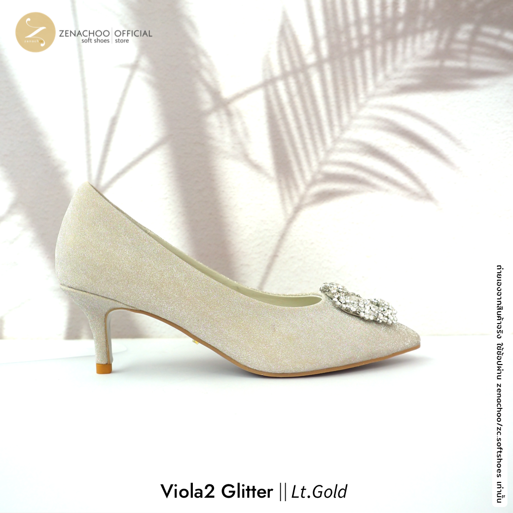 ทรงปกติ เปลี่ยนไซส์ได้-ไม่รับคืน ทรงขายดี Zenachoo Viola2 Glitter สูง 2 นิ้ว ผ้า Glitter ซับหนังแกะแท้ ทรงสวยไม่บีบเท้า