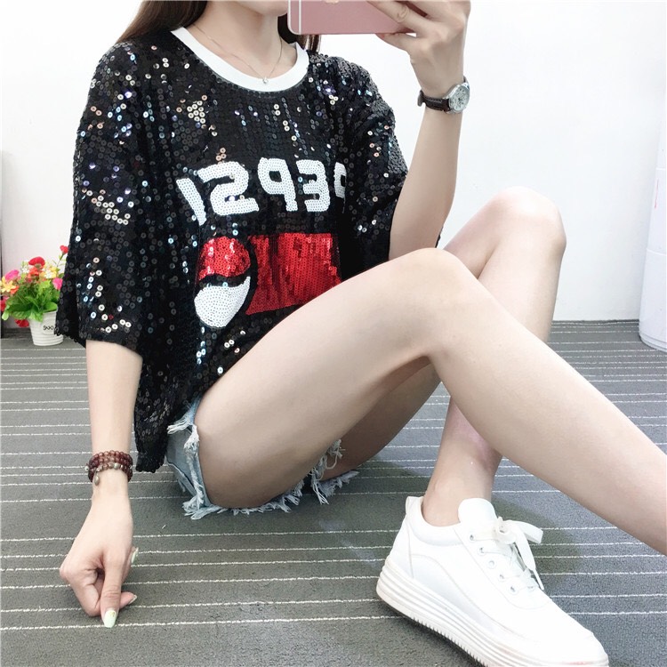 เสื้อลายPEPSIปักเลื่อม เสื้อยืดปักเลื่อมทรงOversize