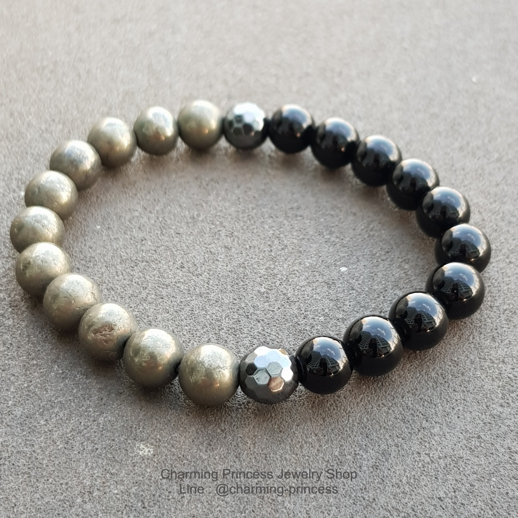 Pyrite & Black Onyx & Hematite 8 mm ไพไรต์ (เพชรหน้าทั่ง) นิล เฮมาไทต์ ดึงดูดเงินตรา นำพาทรัพย์สิน ปกป้องคุ้มครอง