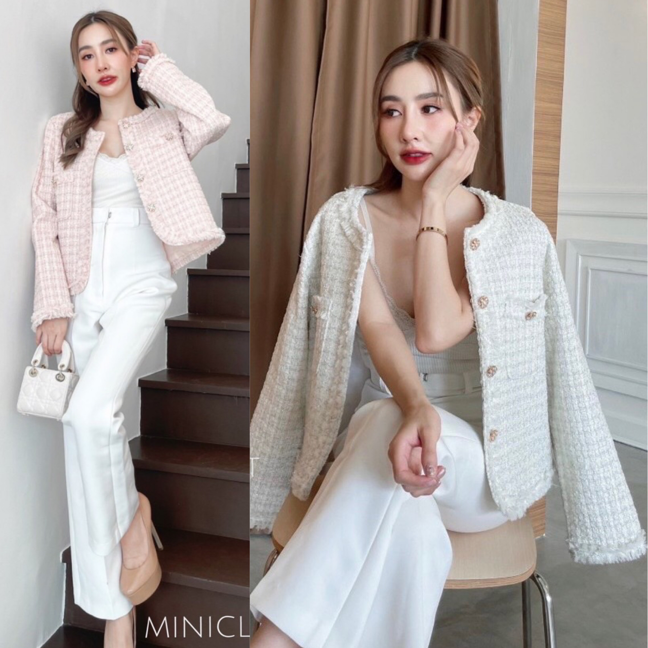 เสื้อทวีตแขนยาว เสื้อคลุมผ้าทวีตสีชมพู สีครีม งานสวยหรู