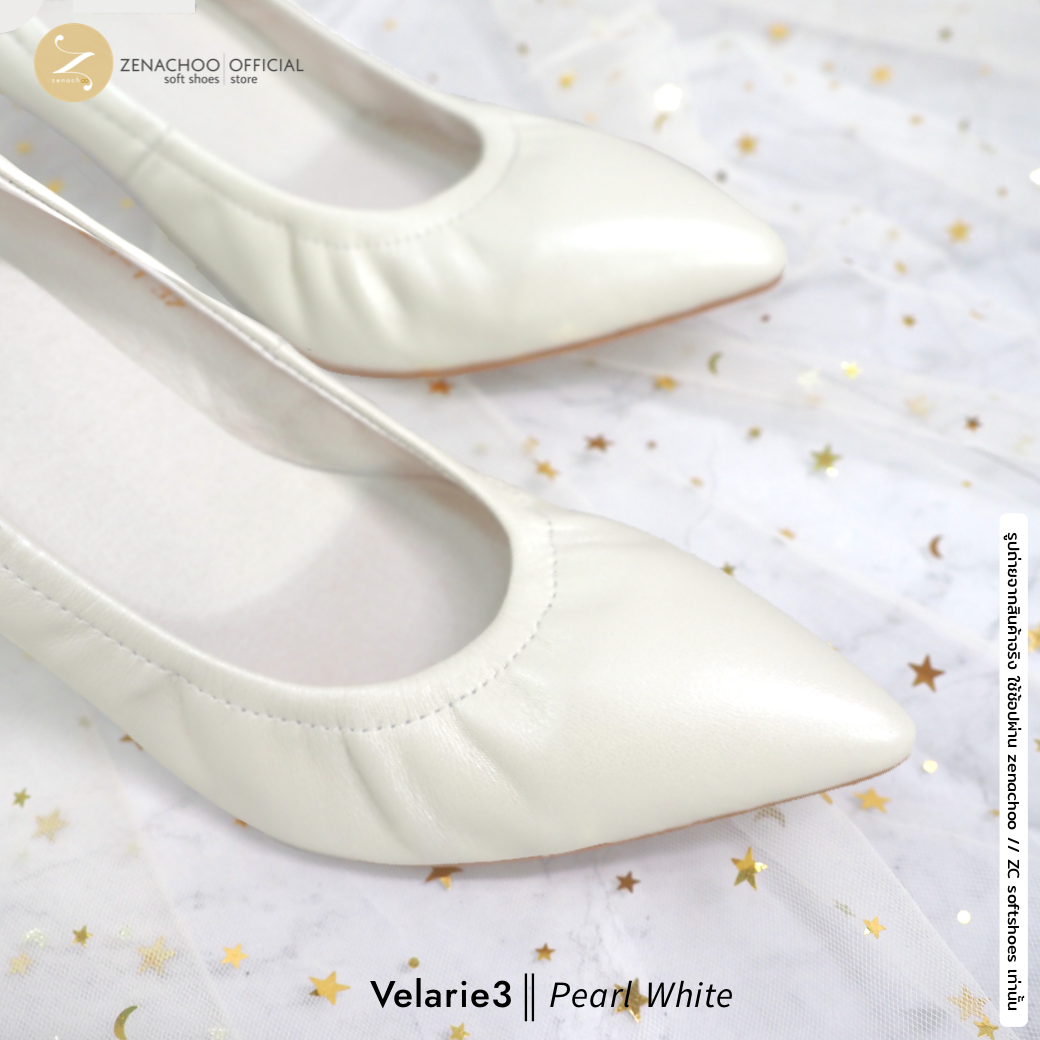 ทรงปกติ เปลี่ยนไซส์ได้-ไม่รับคืน รุ่นขายดี Zenachoo Velarie3 สูง 3 นิ้ว สี Pearl White รองเท้าหนังแกะแท้ หัวแหลมหน้ากว้าง