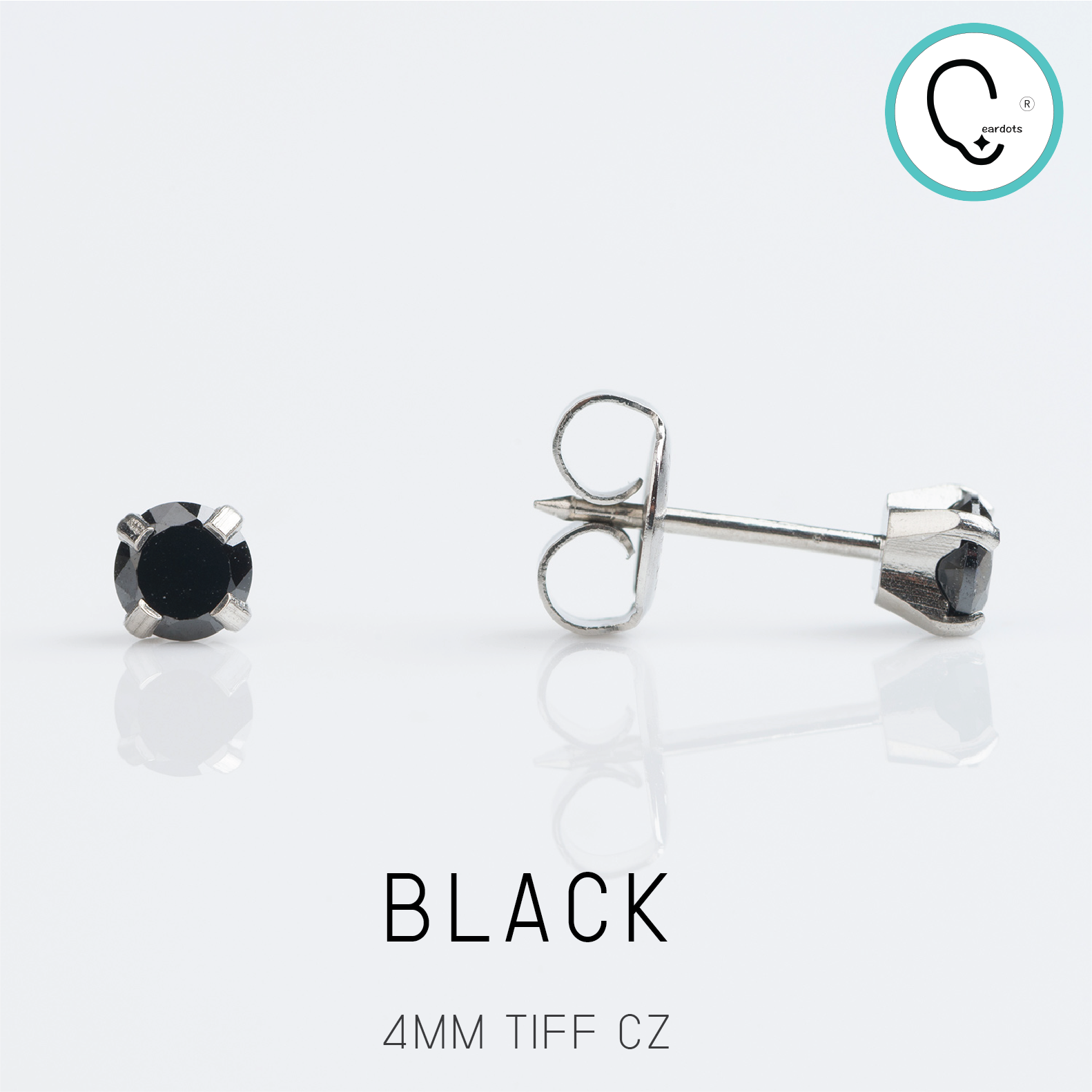 (ส่งฟรี แถมฟรีแป้นหมุดตัน)ต่างหูสำหรับผิวแพ้ง่าย 4MM BLACK CUBIC ZIRCONIA ก้านสีเงิน สแตนเลสเกรดการแพทย์ ปลอดภัย 100%_STD039