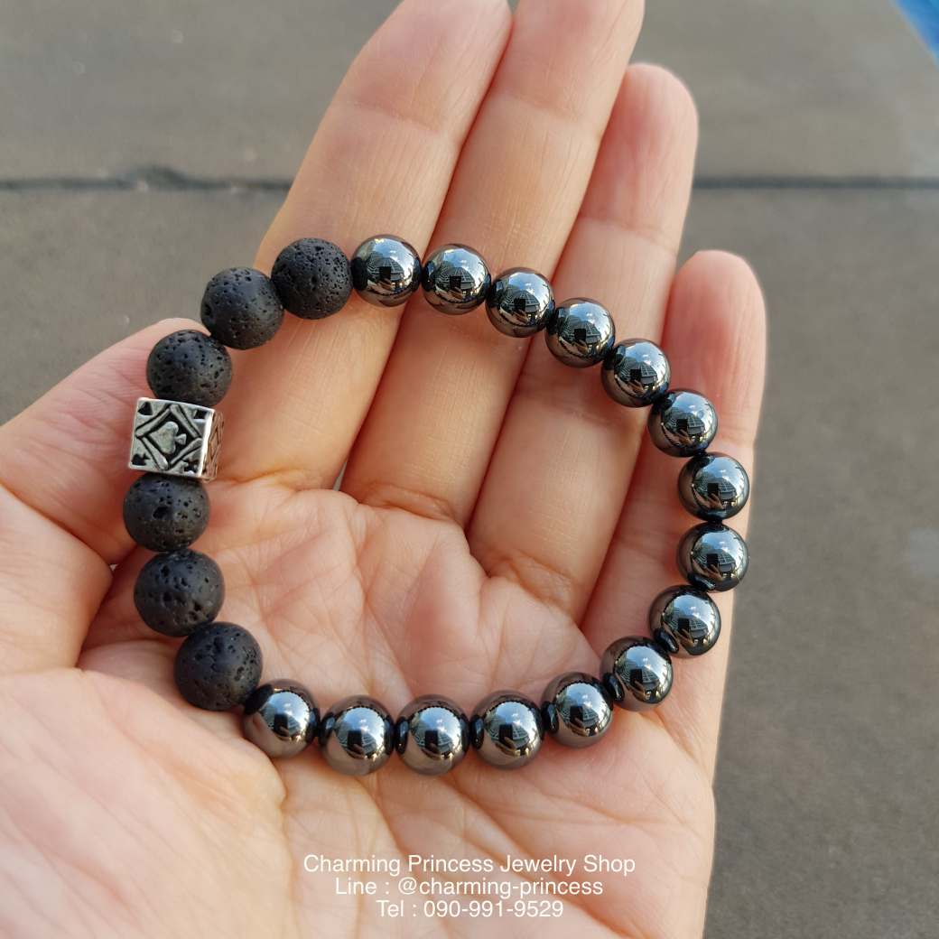 Protection ปกป้องคุ้มครอง หินลาวาโอนิกต์ และตัวคั่นเงินรูปลูกเต๋า “โพธิ์ดำ โพธิ์แดง ข้าวหลามตัด ดอกจิก” ขนาด 10 มม