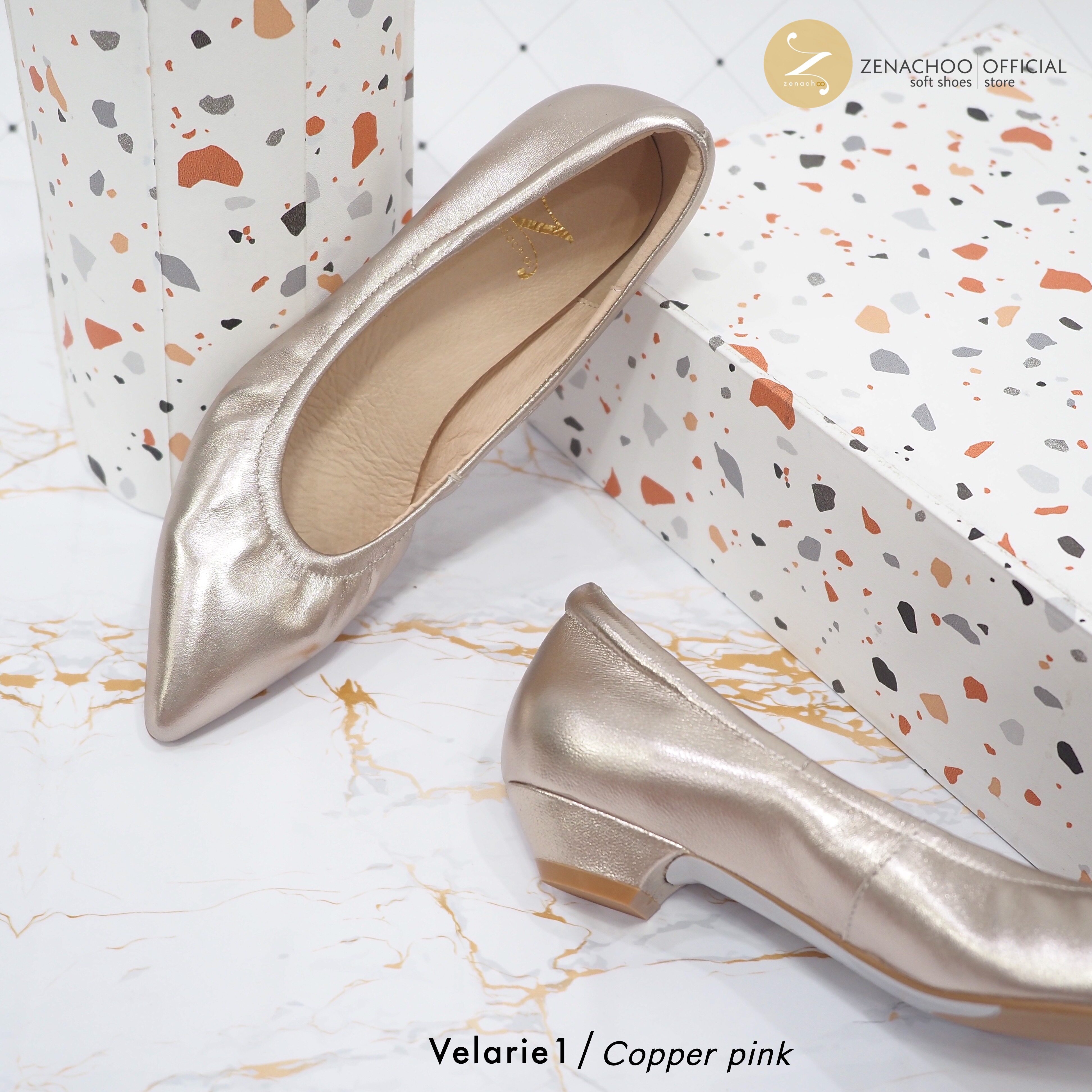 ทรงปกติ เปลี่ยนไซส์ได้-ไม่รับคืน Zenachoo รุ่นขายดี Velarie1 สูง 1นิ้ว สี Copper pink รองเท้าหัวแหลมหนังแกะแท้ ทรงสวย เดินสบายทั้งวัน