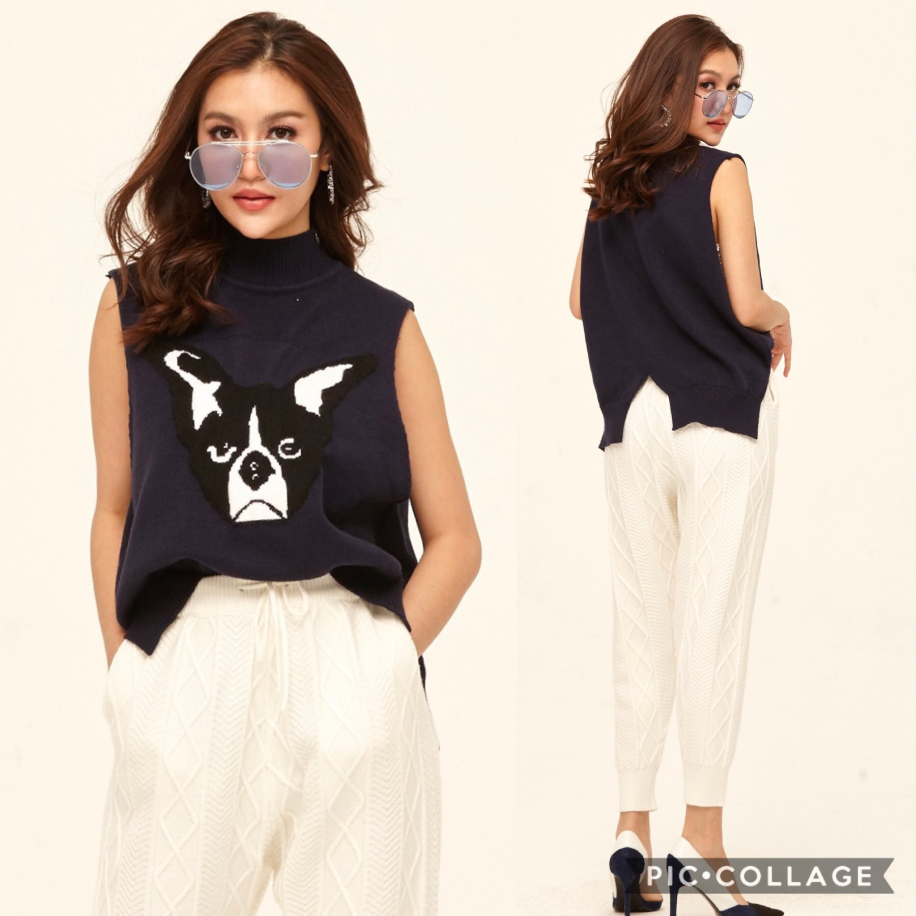 เสื้อนิตติ้งแขนกุด ทอลายหมาfrenchie