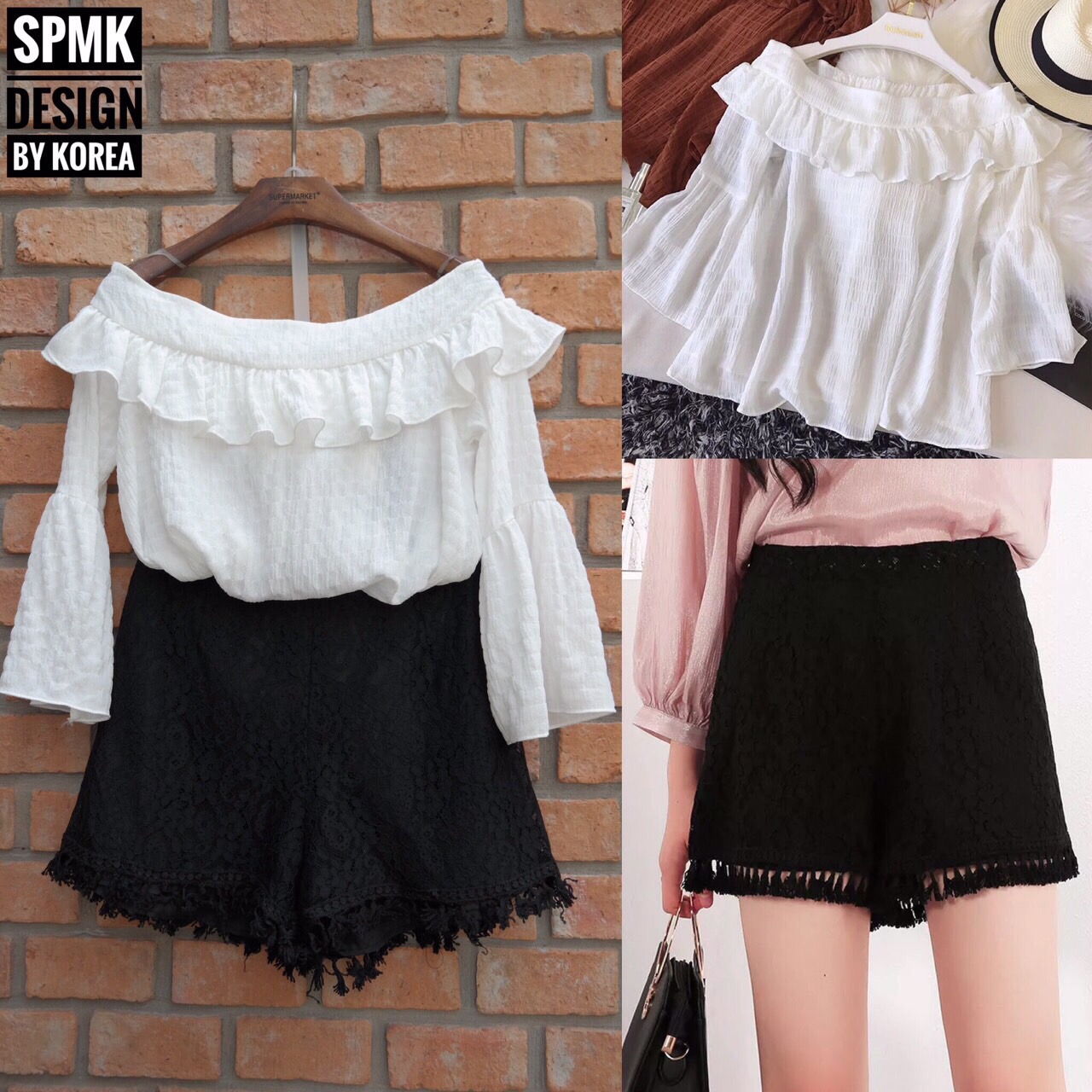 BRAND: SPMK เสื้อเกาหลีทรงน่ารัก เปิดไหล่คอระบาย เนื้อผ้าพริ้วใส่สบายไม่อึดอัด มีลายในตัว ช่วงไหล่ขยายได้ด้านหลังจับสม๊อก ผ้าดี เนื้อนุ่ม