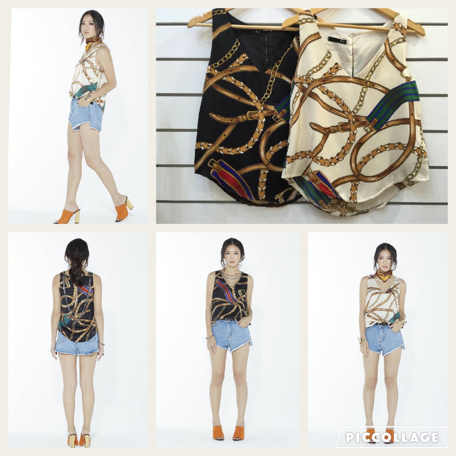 เสื้อครอปแขนกุด คอวี ผ้ากึ่ง silk นุ่มมาก ลายเสื้อเก๋มากค่ะ หยิบมาใส่คู่กับขาสั้นก็ดูหรูแล้ว