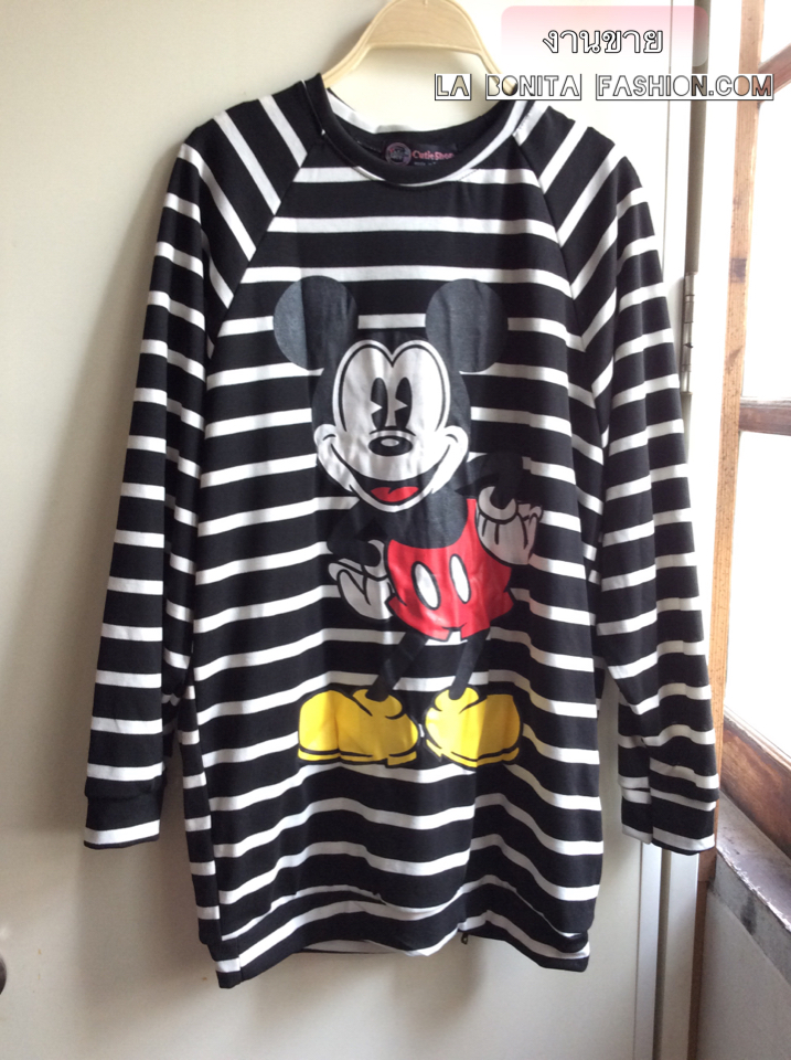 เดรสลายทางสกรีน มิกกี้เมาส์ 2 สี ดำ กรม