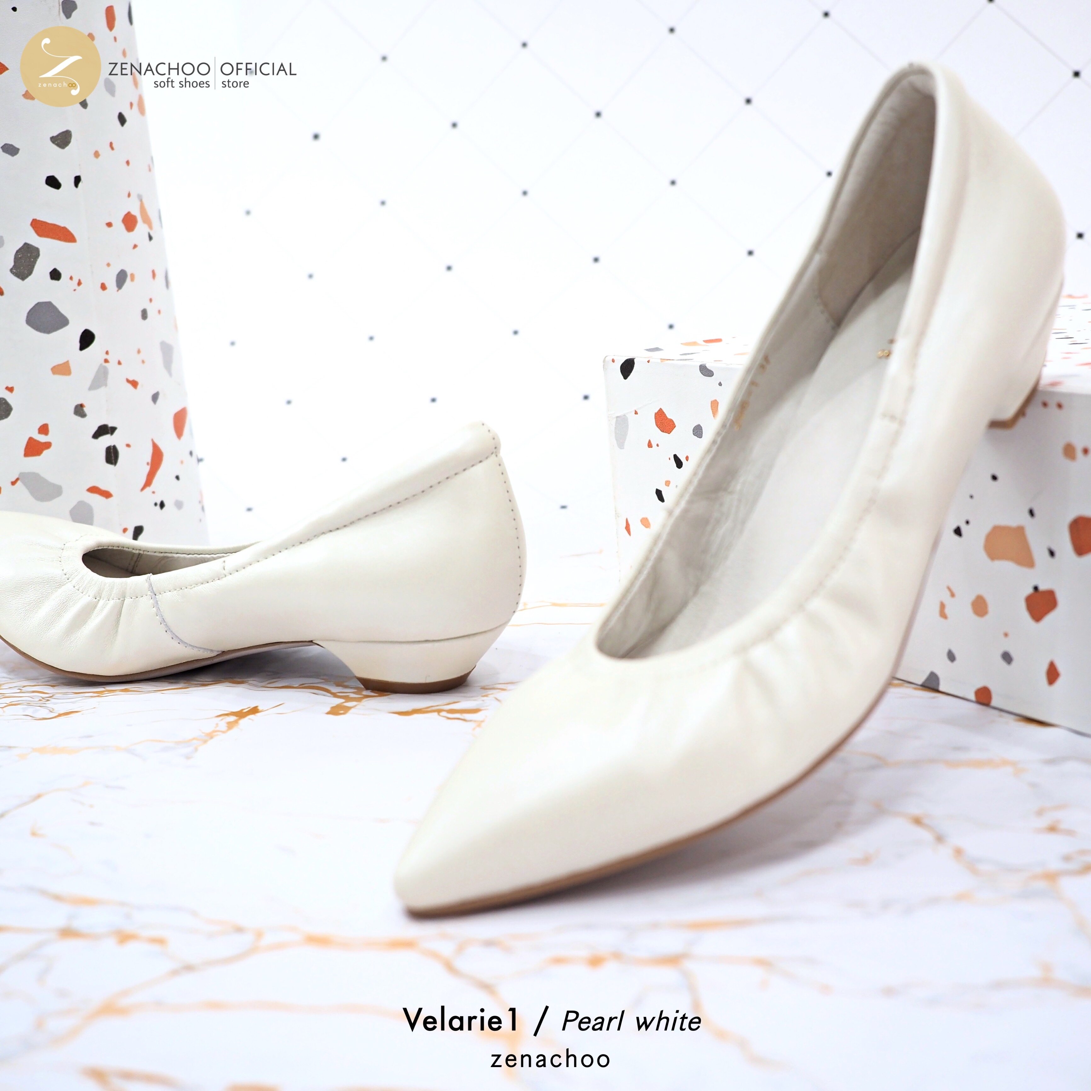 ทรงปกติ เปลี่ยนไซส์ได้ ไม่รับคืน Zenachoo รุ่นขายดี Velarie1 สูง 1นิ้ว สี Pearl White รองเท้าหัวแหลมหนังแกะแท้