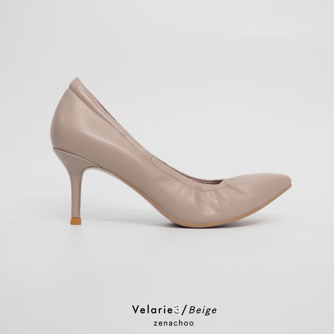 ทรงปกติ เปลี่ยนไซส์ได้-ไม่รับคืน Zenachoo Velarie3 สูง 3 นิ้ว Beige รองเท้าหนังแกะแท้ ใส่สวยมาก รองเท้าส้นเข็ม หัวแหลม