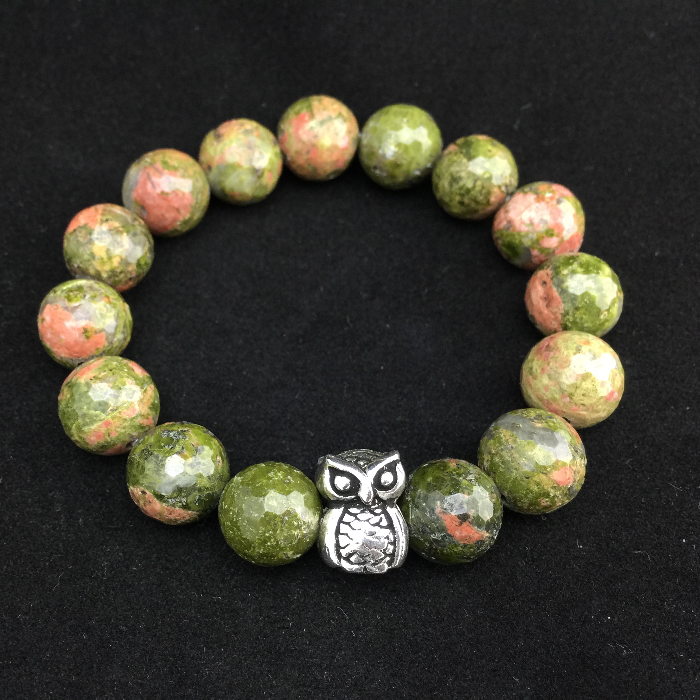 Unakite ยูนาไคต์ 12 มม ประดับนกฮูกเงินแท้ Owl 925 Sterling Silver นำพาทรัพย์สินให้โชคให้ลาภแบบฟลุ๊คๆ เหมาะกับคนชอบเล่นหวย หุ้น เสี่ยงโชค