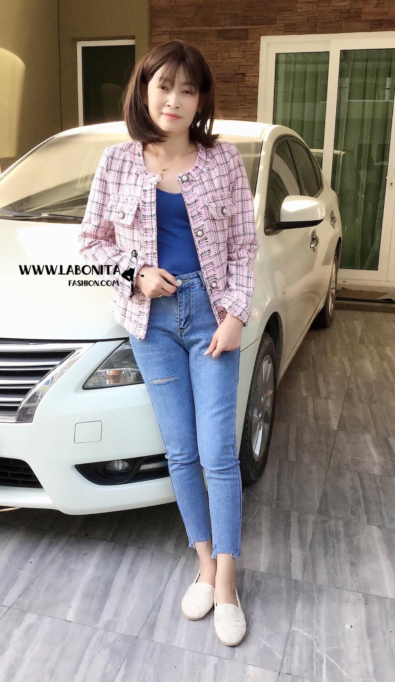 เสื้อคลุมผ้าทวีตสีชมพูลายตราง เสื้อคลุมสไตล์เกาหลี