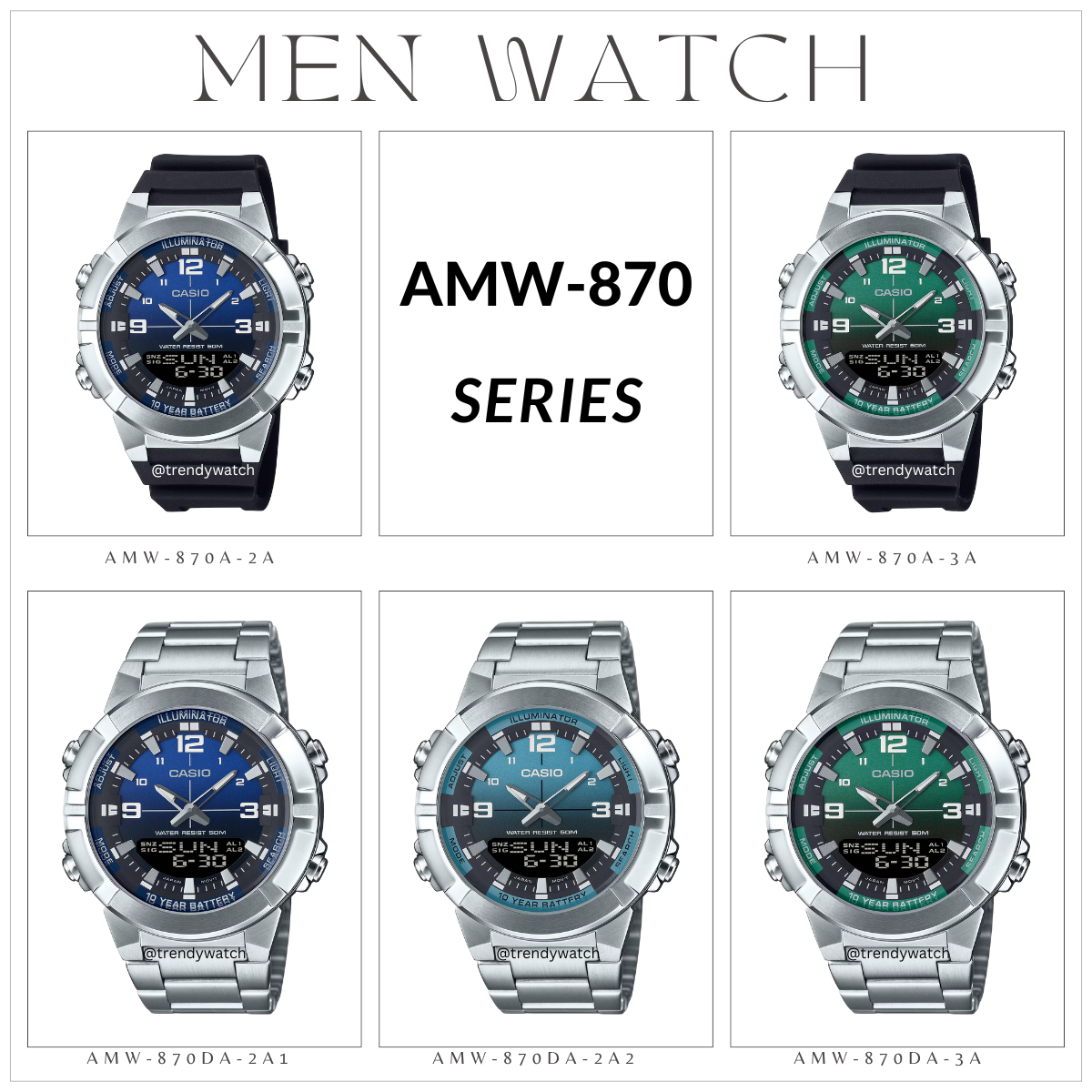 นาฬิกาข้อมือ ผู้ชาย CASIO ANALOG-DIGITAL ของแท้ รุ่น AMW-870DA , AMW-870DA-2A1 , AMW-870DA-2A2 , AMW-870DA-3A