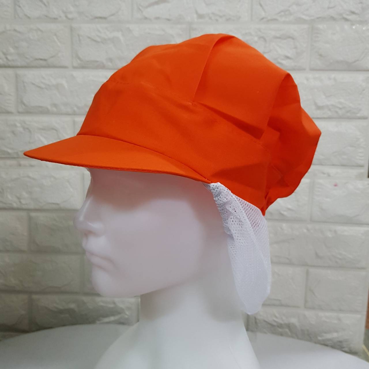 หมวก 8 จีบ สีส้ม ผ้าโทเร หมวกแก้ปคลุมผม หมวกแม่ครัว หมวกพ่อครัว หมวกโรงงาน หมวกพนักงานฝ่ายผลิต หมวกอุตสาหกรรม หมวกอุตสาหกรรมอาหาร หมวกพนักงานโรงงาน