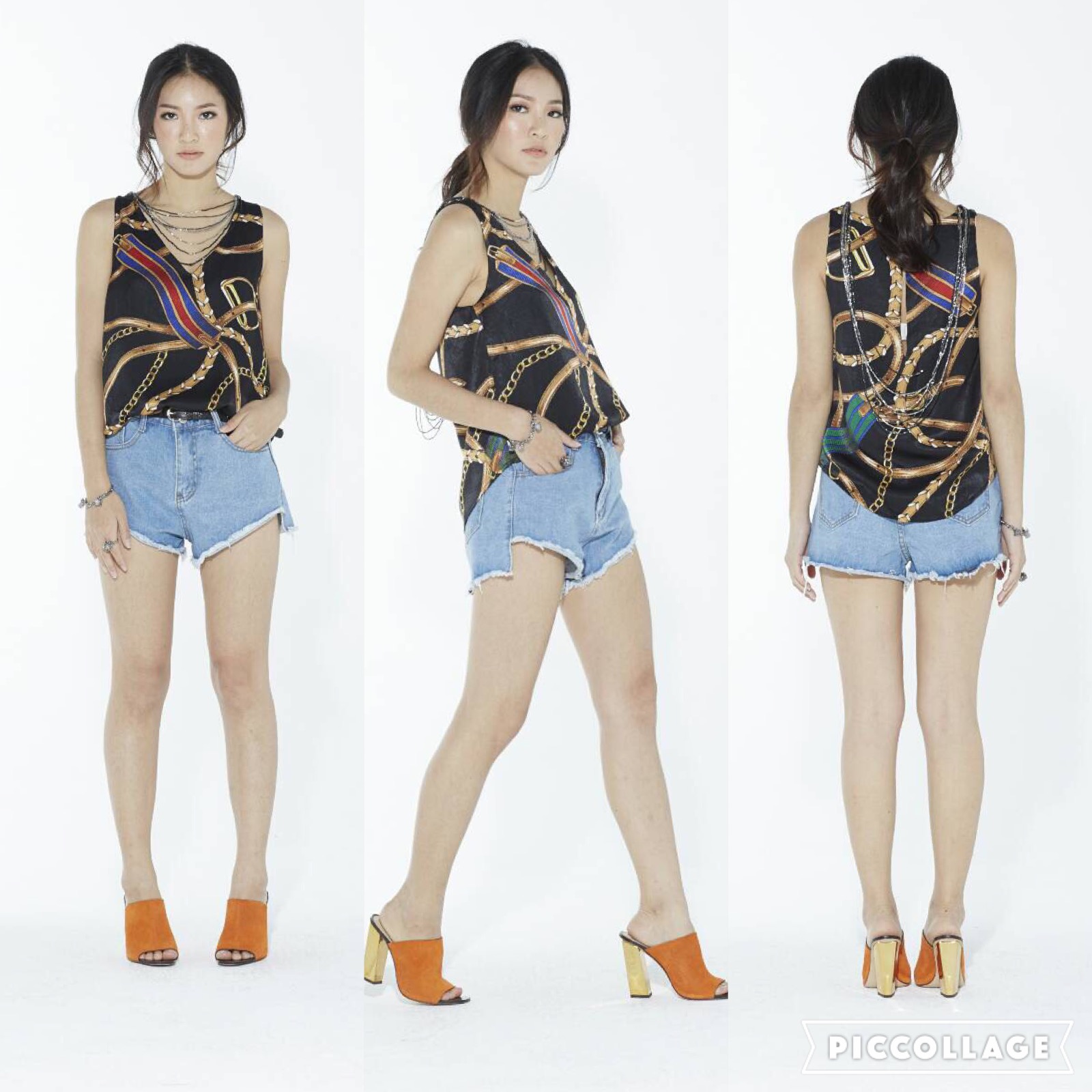 เสื้อครอปแขนกุด คอวี ผ้ากึ่ง silk นุ่มมาก ลายเสื้อเก๋มากค่ะ หยิบมาใส่คู่กับขาสั้นก็ดูหรูแล้ว