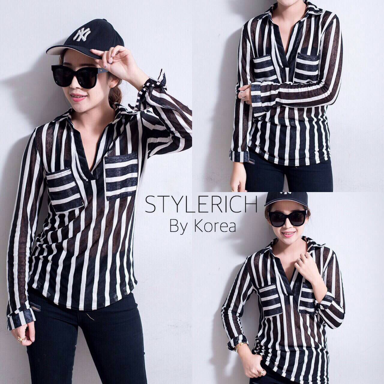 เสื้อเชิ้ตริ้วคอวี ลายทางสลับขาวดำ คอปก แต่งกระเป๋า2ข้าง ผ้าเนื้อดี งานนำเข้า ยืดหยุ่นได้ ใส่สบายมั่กๆๆค่าาา