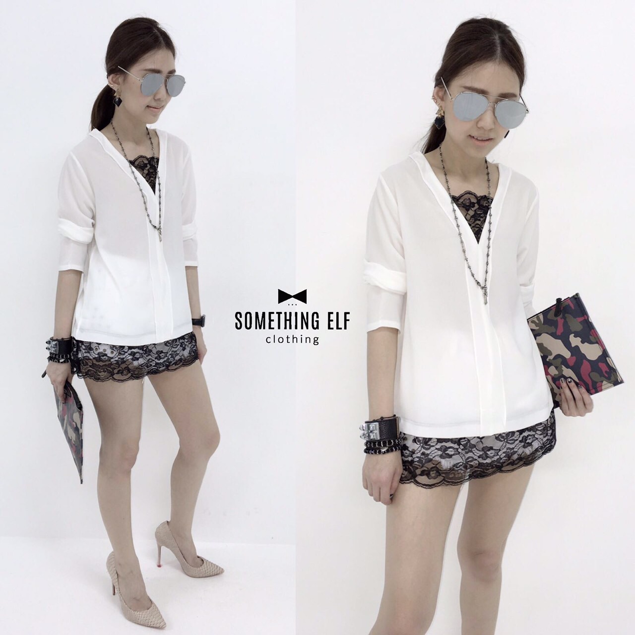 เสื้อแขนยาวคอวี ตัดต่อลูกไม้สีดำช่วงคอและรอบชายเสื้อ