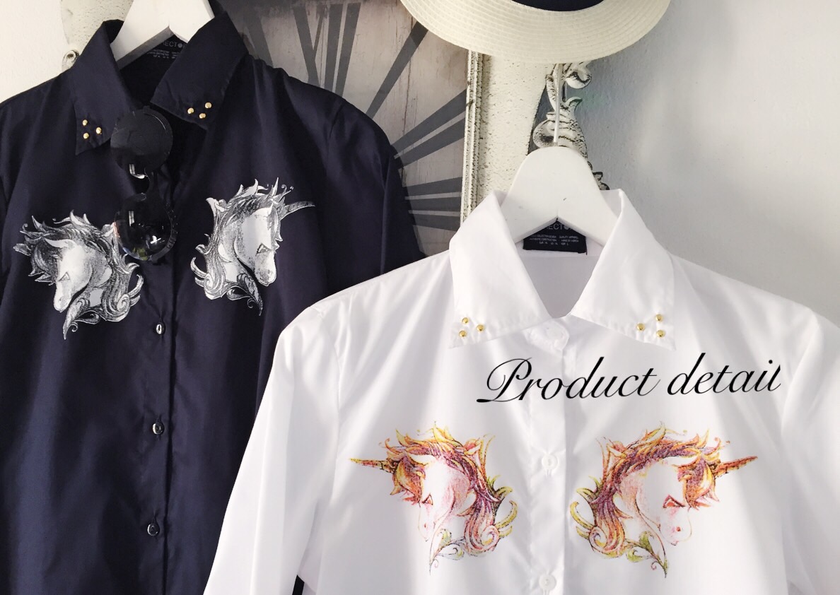 เชิ้ตเดรสยูนิคอนคิวตี้ ผ้าคอตตอนเนื้อดีดีไซน์เกร๋ พิมลายโพนี่ยูนิคอน ปกคอปักมุดทอง ใส่เป็นเดรสน่ารัก