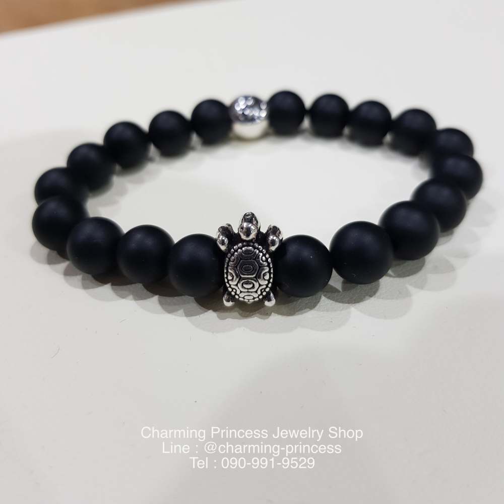 Black Onyx Matt 8 mm and Sterling Silver Turtle and Yin Yang โอนิกซ์ 8 มม ประดับเต่า และ หยินหยางเงินแท้