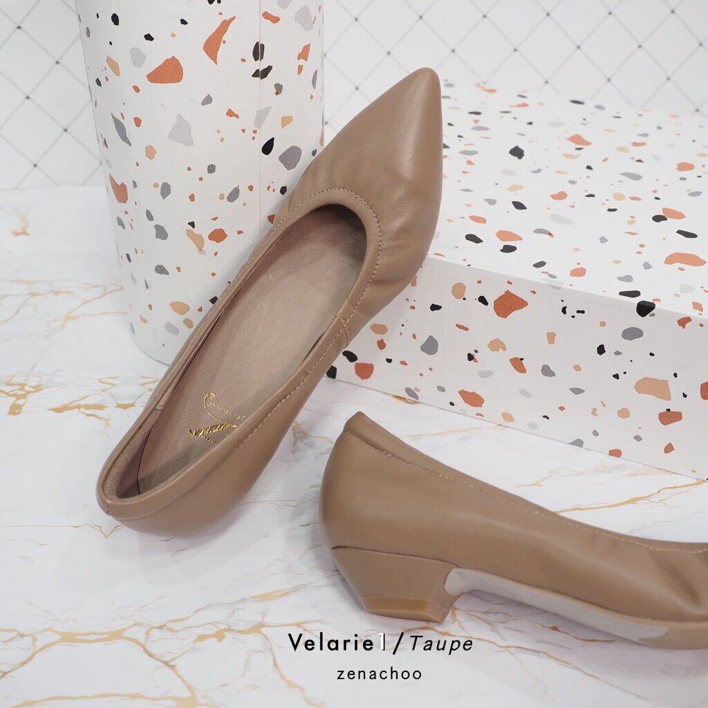 ทรงปกติ เปลี่ยนไซส์ได้ ไม่รับคืน รุ่นขายดี Zenachoo Velarie1 สูง 1 นิ้ว สีTaupe รองเท้าหัวแลมหนังแกะแท้