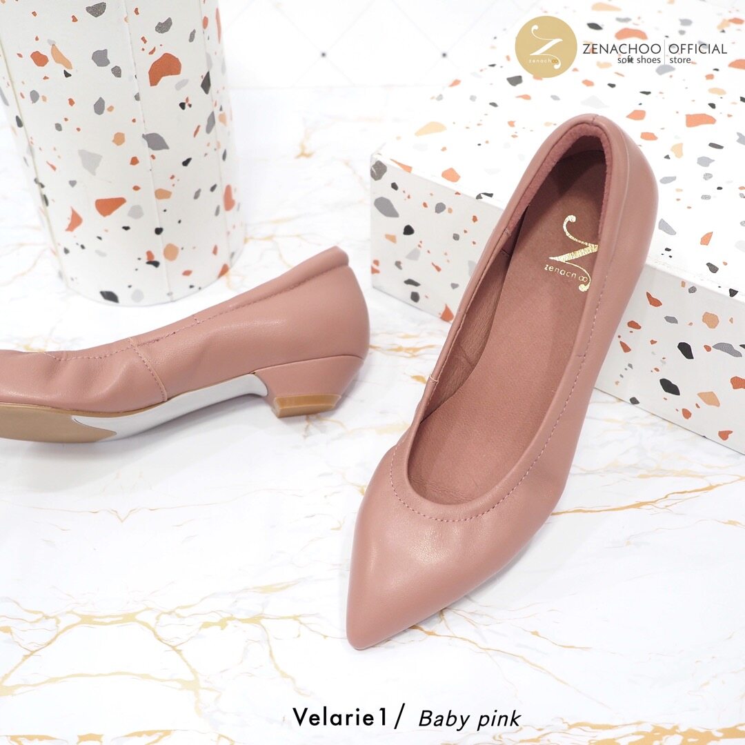 ทรงปกติ:เปลี่ยนไซส์ได้-ไม่รับคืน::Zenachoo รุ่นขายดี Velarie1 สูง 1นิ้ว สี Baby Pink รองเท้าหัวแหลมหนังแกะแท้