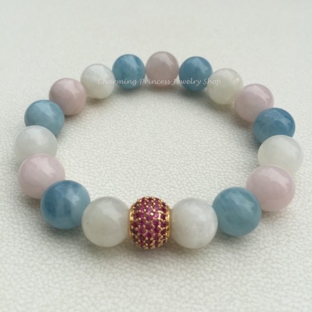 Aquamarine Moonstone Rose Quartz Madagascar อความารีน มูนสโตน โรสควอทซ์ มาดากัสการ์ 10 มม ประดับพลอยสีทับทิม แทนความรักและความห่วงใย