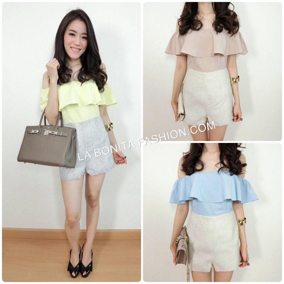 Peplumnize My Shoulder Dress Playsuit ขาสั้น ท่อนบนสามารถใส่แบบเปิดไหล่หรือใส่เป็นแขนกุดค่ะ กางเกงท่อนล่างทำจากผ้าลินิน ทรงสวยตัดเย็บดีค่ะ