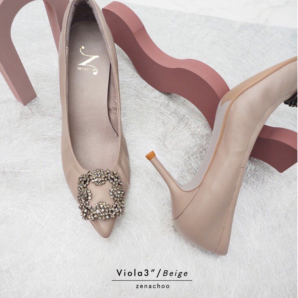 ทรงปกติ เปลี่ยนไซส์ได้ ไม่รับคืนZenachoo รุ่น Viola3 สี Beige สูง 3 นิ้ว หัวแหลม หนังแกะแท้