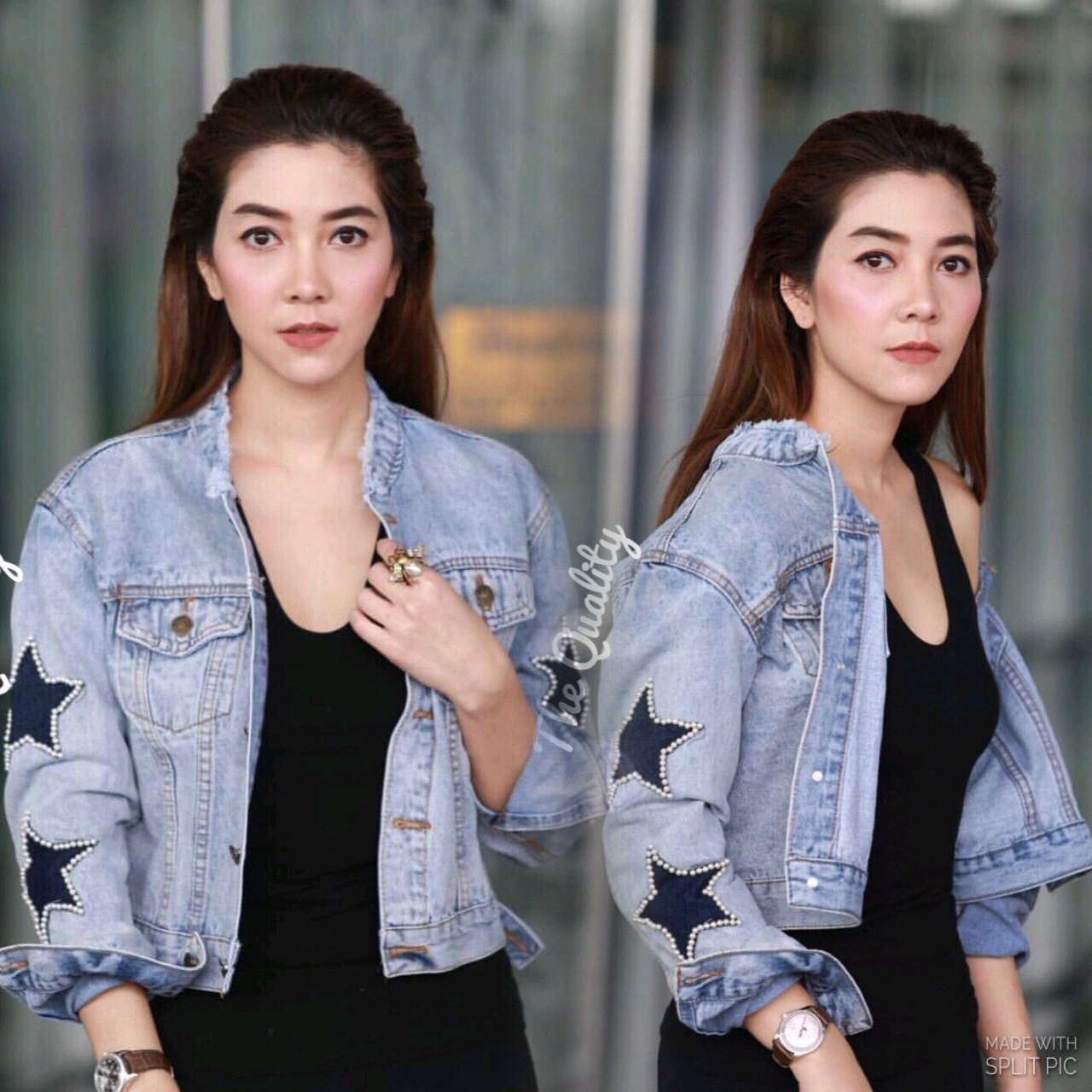 เสื้อ #jacket #แจ็คเก็ตยีนส์ แต่งมุกดาวที่แขน #ดาราเซเลปใส่ กันเยอะมาก งานสวย ใส่ได้ตลอดๆๆ คอเซอๆ