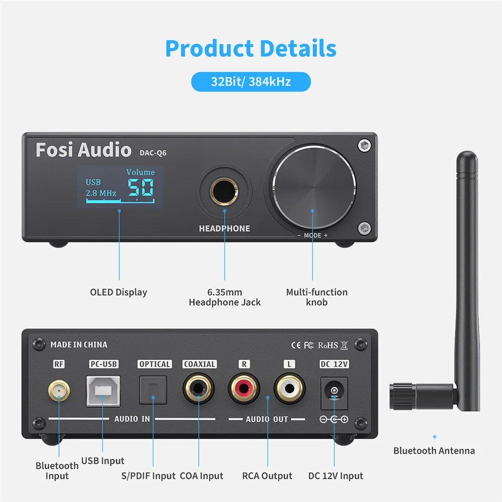 Fosi Audio Q6 Bluetooth DAC/Amplifier ชิป ESS9018K2M+TPA6120A2 จอ OLED รองรับสูงสุด 32bit/384KHz ประกันศูนย์ไทย
