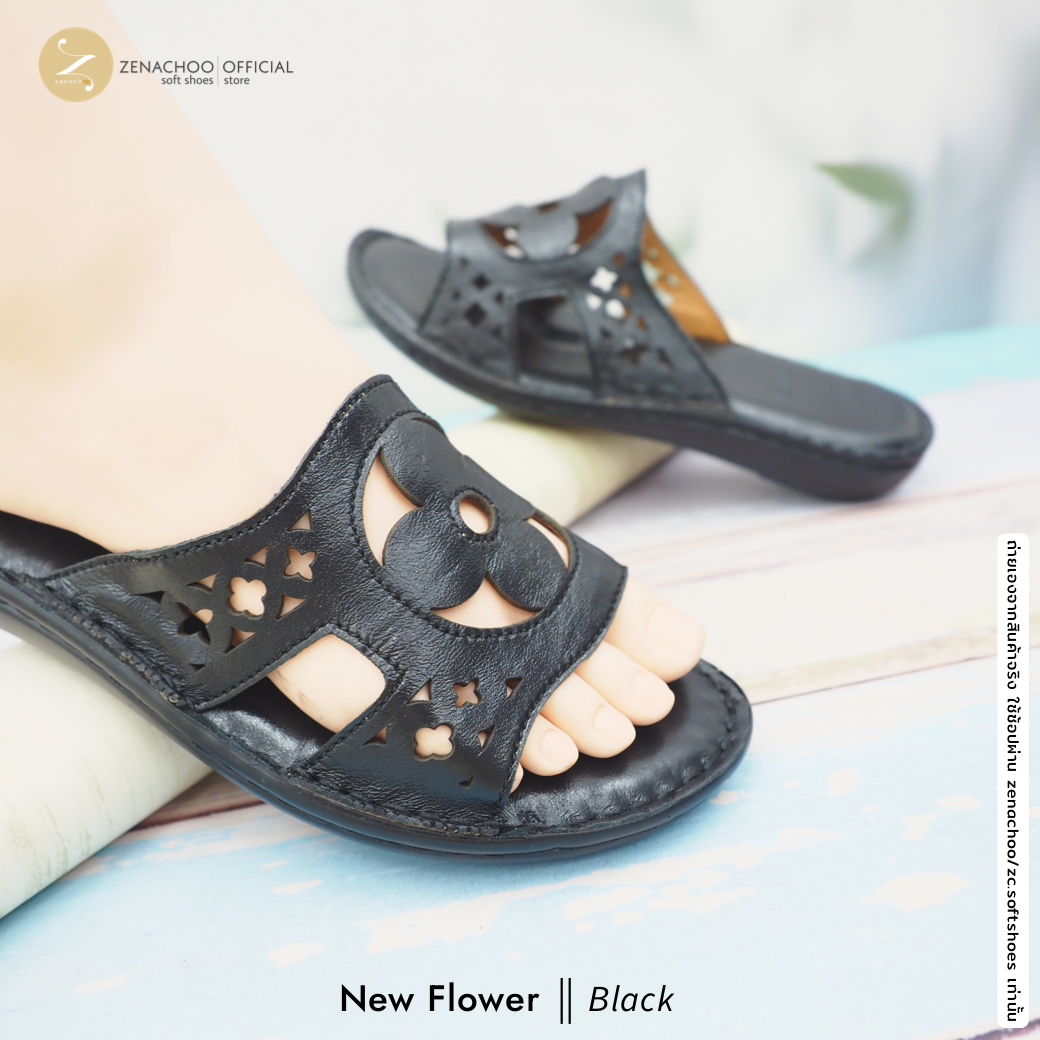 ทรงปกติ เปลี่ยนไซส์ได้-ไม่รับคืน Zenachoo รองเท้าสุขภาพ หนังแท้ทั้งคู่ รุ่น new flower สูง 1 นิ้ว หน้าสวมเดินสบาย รับประกันความนุ่มสบาย