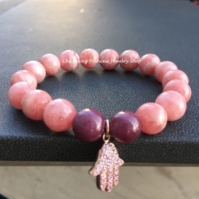 Rhodocrosite & Ruby & Sterling Silver CZ Hamsa โรโดโครไซต์ 8 มม ทับทิม 9 มม เปิดใจ ดึงดูดรัก และ สุขสมหวังในความรัก พระหัตถ์ของพระเจ้าปกป้องคุ้มครอง
