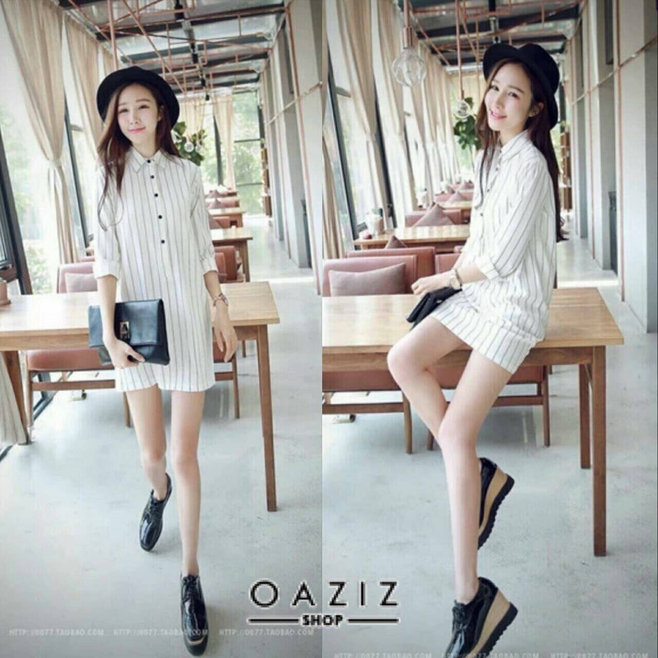 Dress Shirtแขนยาว ลายริ้วตัดเส้นขาว เนื้อผ้าอย่างดี งานสวย ใส่แล้วน่ารักค่ะ