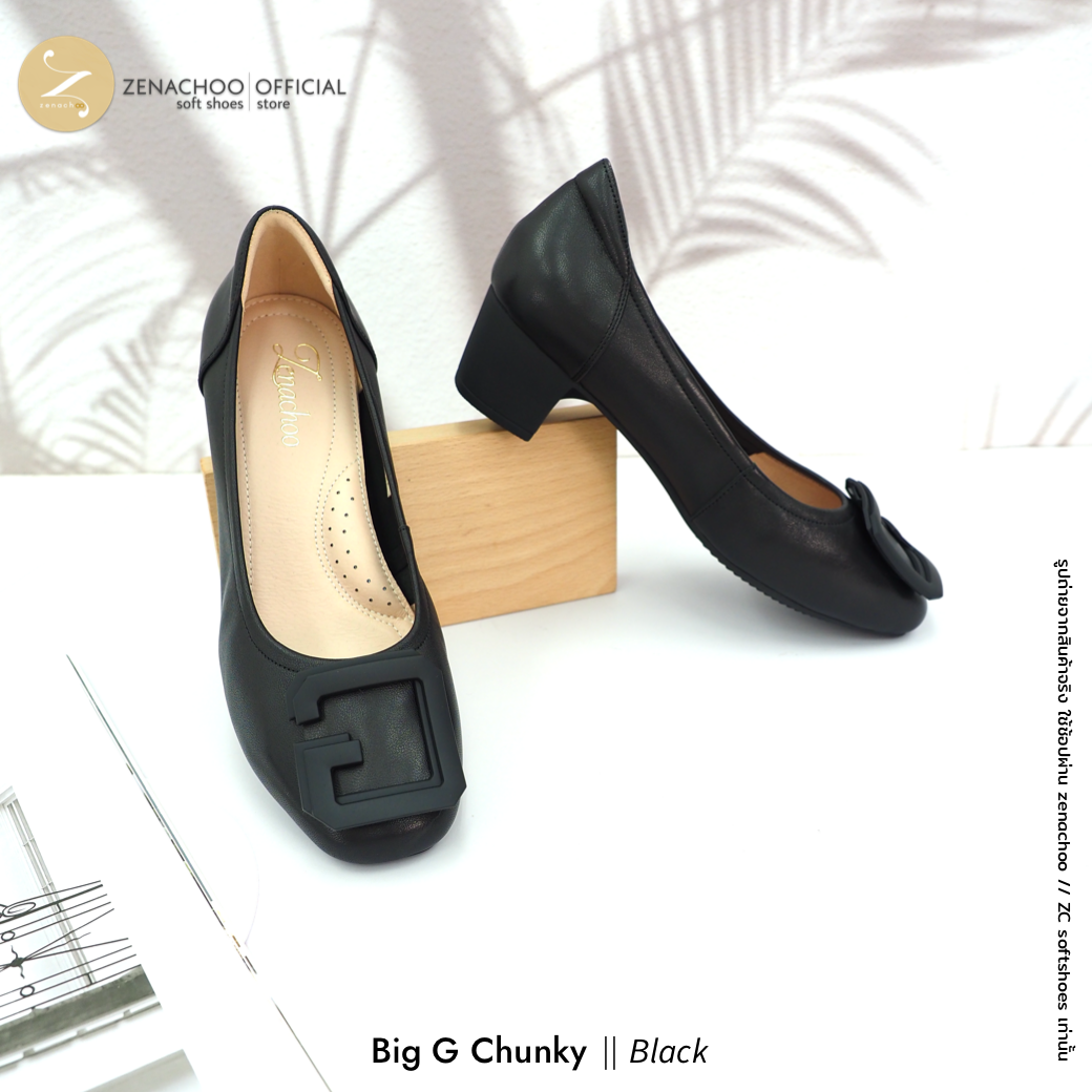 ทรงปกติ เปลี่ยนไซส์ได้-ไม่รับคืน พื้นยางนิ่ม เพื่อสุขภาพ Zenachoo Big G Chunky สูง 2 นิ้ว รองเท้าหนังแกะแท้ ใส่สบายมาก