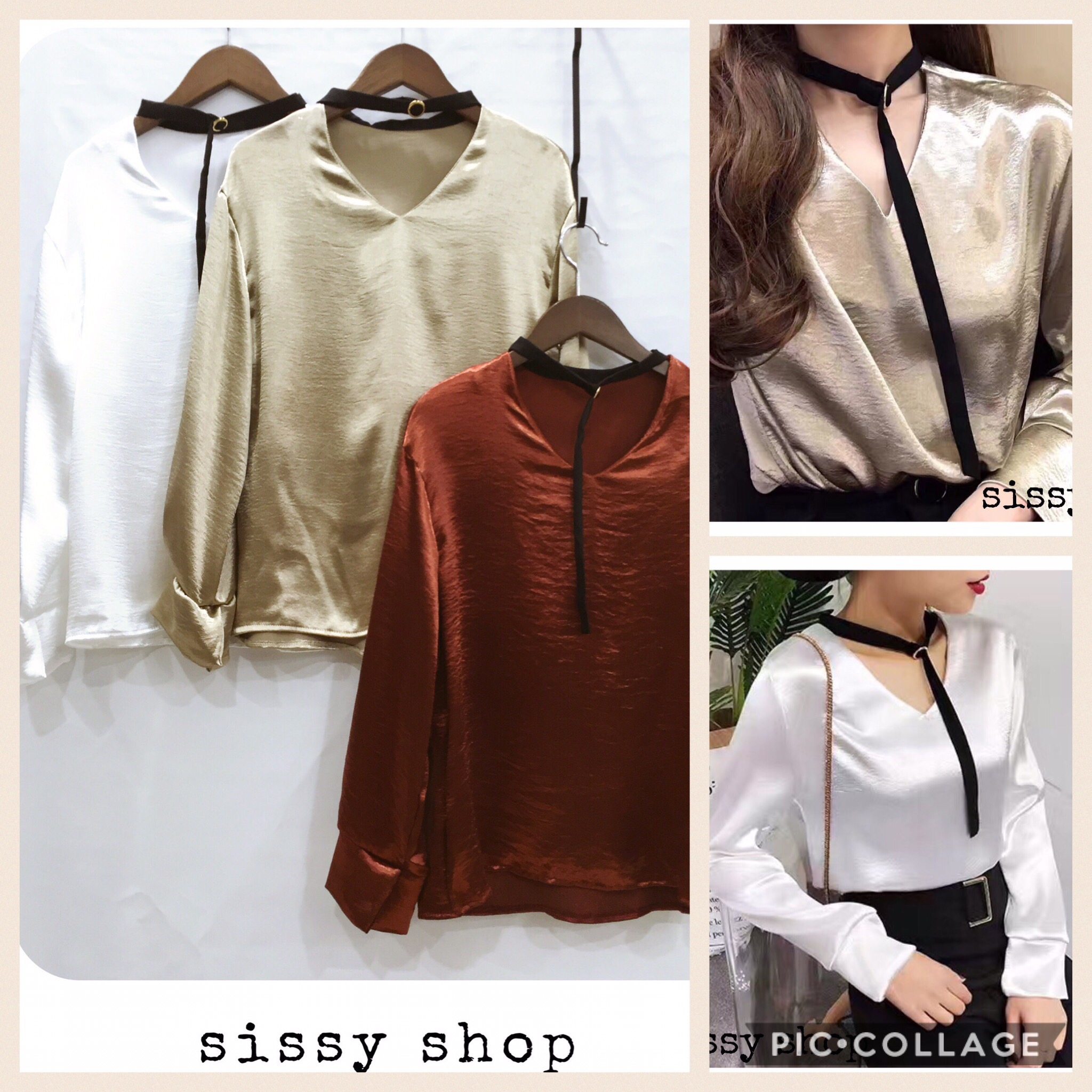 เสื้อผ้าซาตินเนื้อดี ตัวผ้ามีดีเทลยับๆนิดหน่อย แต่งโชกเกอร์คอ ใส่กับเอวสูงน่ารักมากๆค่ะ