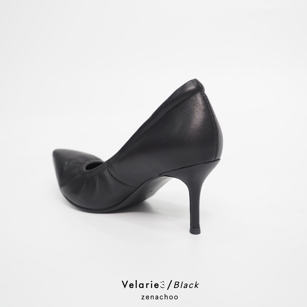 ทรงปกติ เปลี่ยนไซส์ได้-ไม่รับคืน Zenachoo Velarie3 สูง 3 นิ้ว Black รองเท้าหนังแกะแท้ ใส่สวยมาก รองเท้าส้นเข็ม หัวแหลม