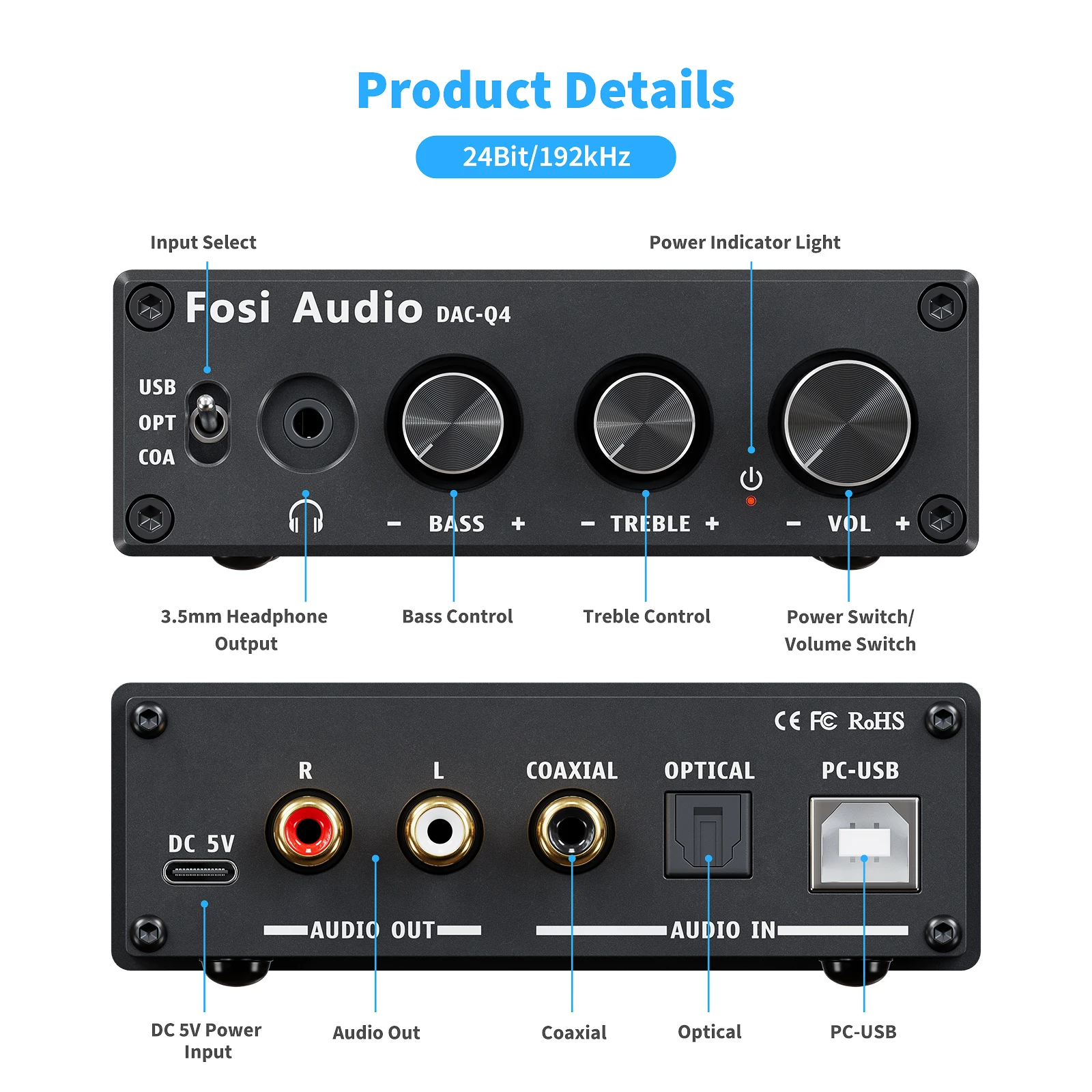 Fosi Audio Q4 Gaming DAC/Amplifier รองรับการถอดรหัส PCM สูงสุด 24bit/192KHz ปรับ Bass Treble ได้ ประกันศูนย์ไทย