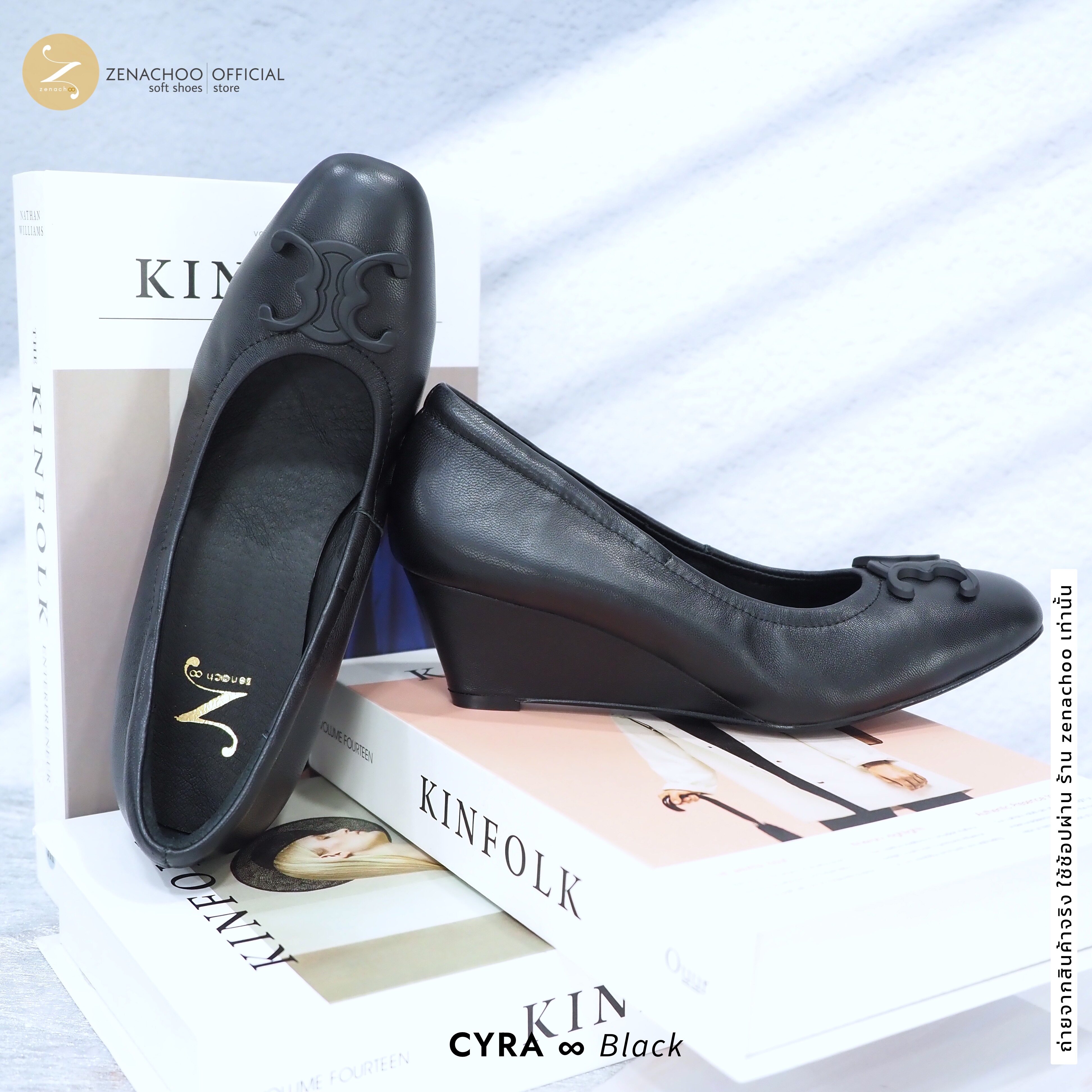 ทรงปกติ เปลี่ยนไซส์ได้-ไม่รับคืน Zenachoo รุ่นขายดี Cyra wedge ส้นเตารีดสูง 2นิ้ว รองเท้าหนังแกะแท้