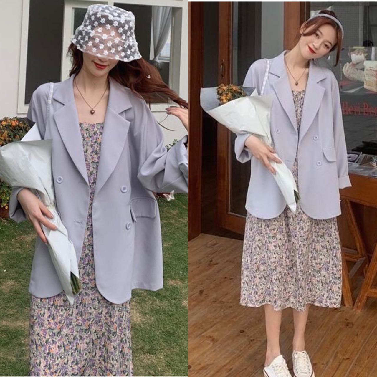 เสื้อสูททรงหลวมสไตล์เกาหลี ผ้าลื่นรีดง่าย