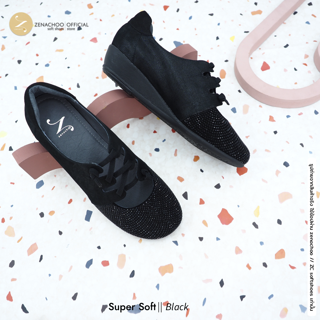 พื้นนิ่มตะลึง หน้ากว้าง ใส่สบายสุด ทรงปกติ เปลี่ยนไซส์ได้-ไม่รับคืน Zenachoo Super Soft สูง 1 นิ้ว รองเท้าหนังแกะแท้