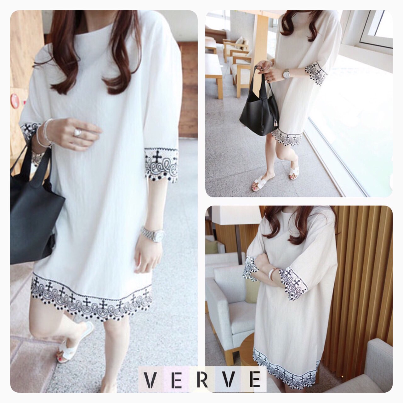 เดรสทรงโอเวอร์ไซส์แขนและชายแต่งลูกไม้ฉลุ งานสวย ใส่สบาย แนะนำเลยค่าา 3 สี ขาว ดำ ครีม