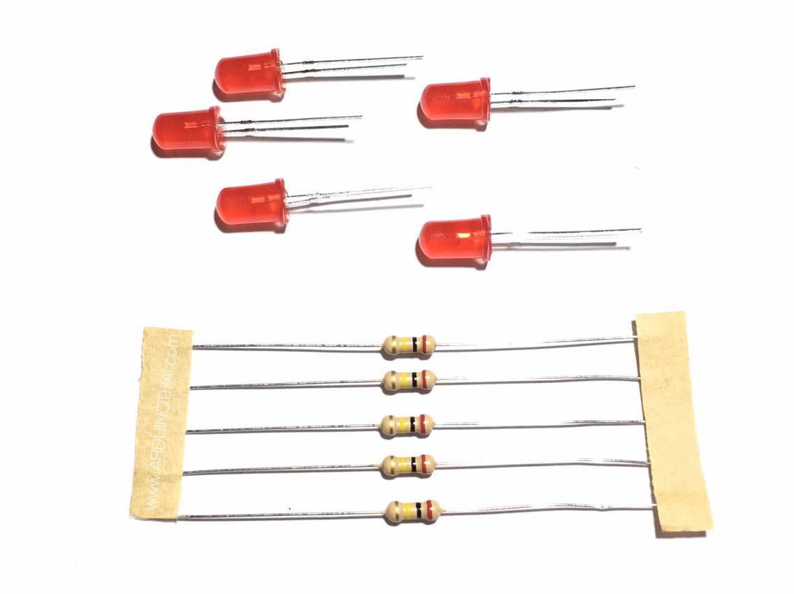 LED ขนาด 5mm สีแดง พร้อมตัวต้านทานจำนวน 5 ชุด