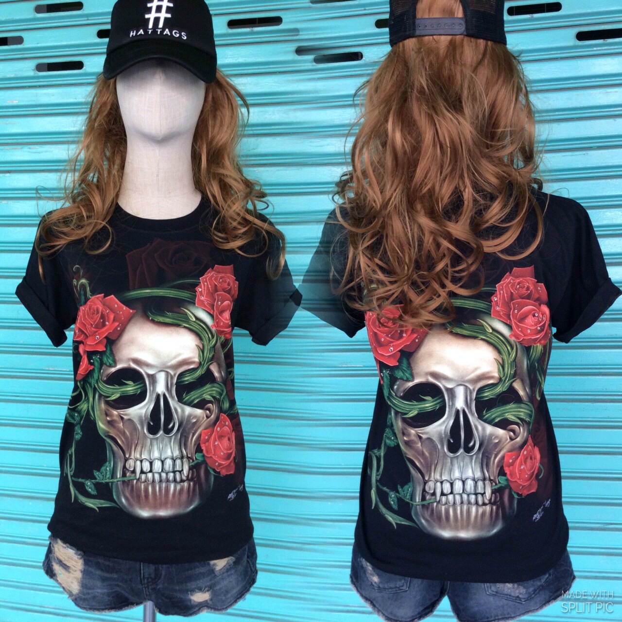 เสื้อยืดวินเทจหญิง สกรีนลายหัวกระโหลกประดับดอกกุหลาบสีแดง ลายสวยมากๆๆๆ แนะนำเลยค่ะ