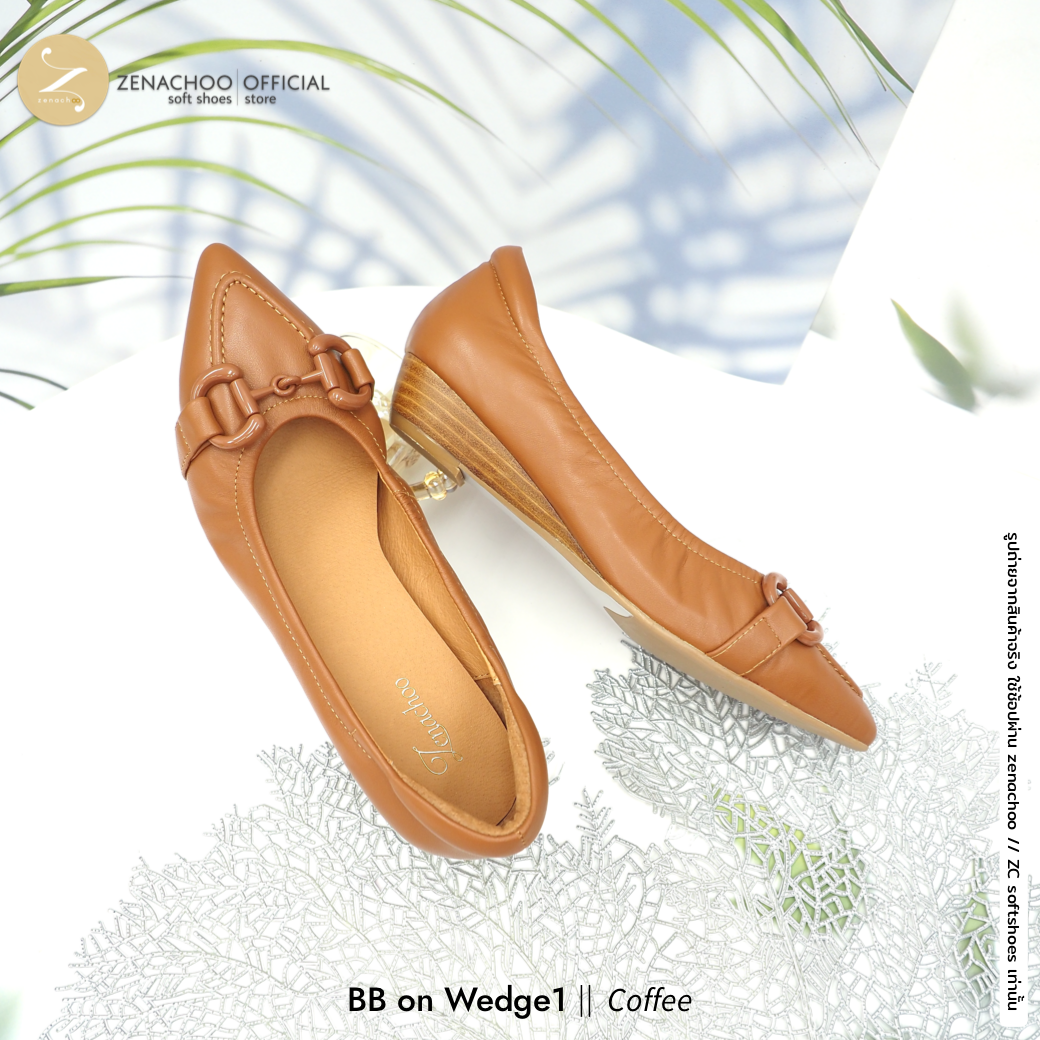 รุ่นขายดี ปรับความสูง ทรงปกติ เปลี่ยนไซส์ได้-ไม่รับคืน พื้นนิ่ม Zenachoo BB on Wedge1 สูง 1 นิ้ว รองเท้าหนังแกะแท้ ใส่สบายมาก